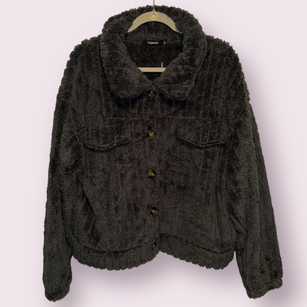 ⬇️Vipwest Charcoal Teddy Button Front Jacket